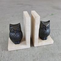 Vintage-Buchstützen, Eulen aus Bronze, Sockel aus Travertin