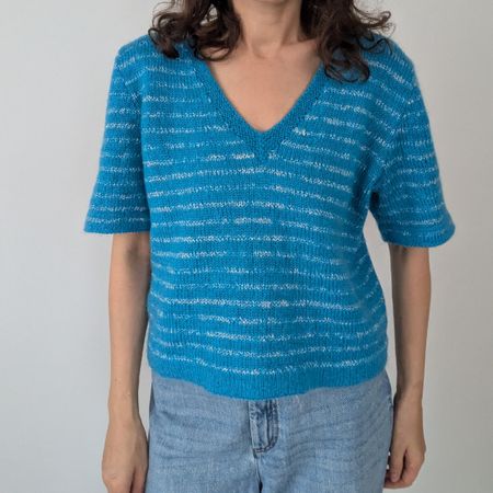 Damen Strickpullover kurzarm blau gestreift Grösse M