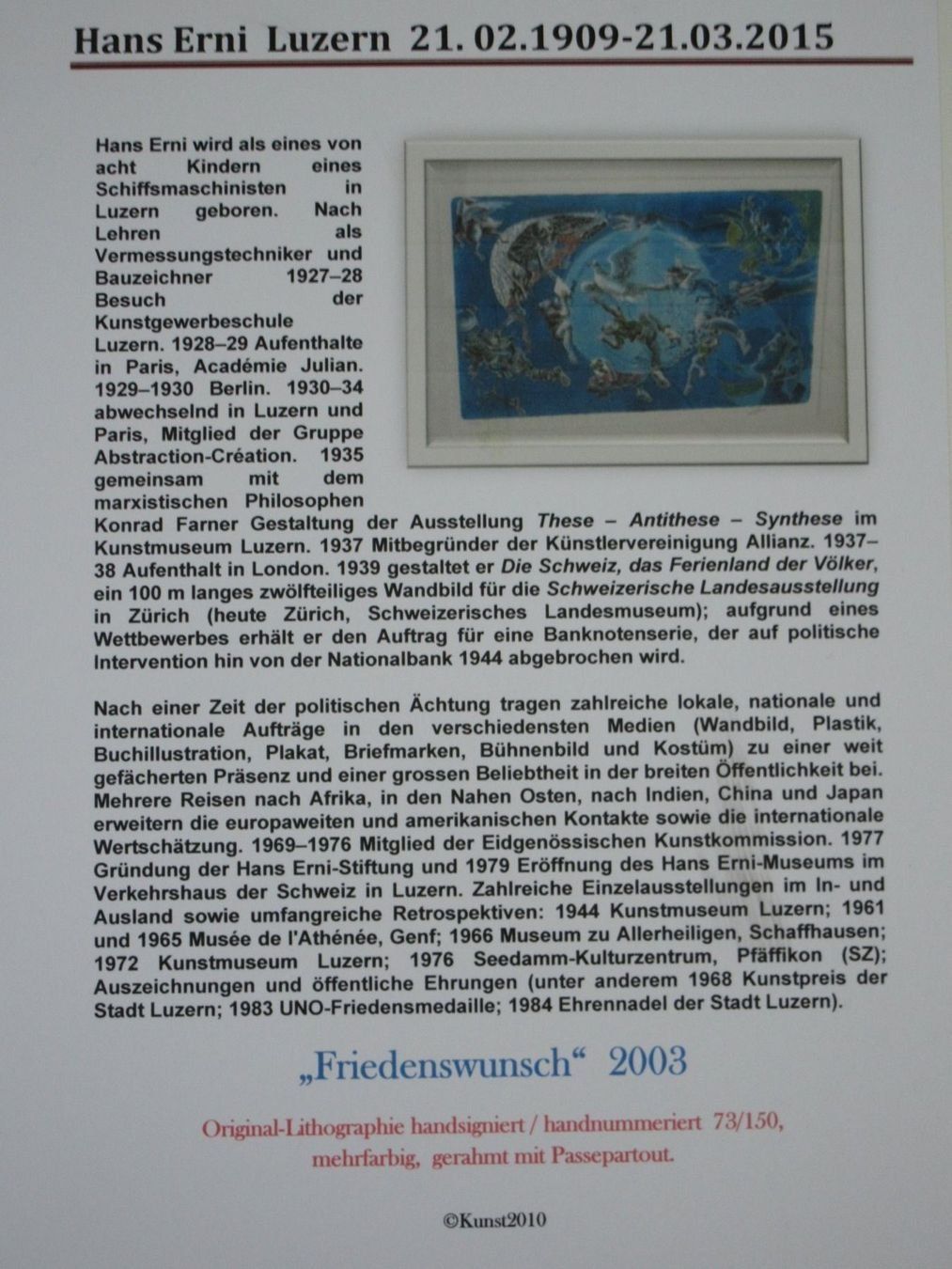 Grafica & Litografie: Hans Erni Lithographie Handsigniert Friedenswunsch – Usato da Müllheim Dorf venduto da Othmar73 8
