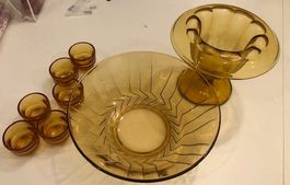 Centre de table vintage verre ambré, coquetiers et saladier