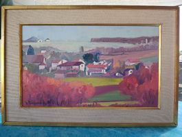 Tableau paysage huile sur toile signé René Guignard cadre or