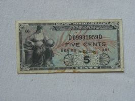 Alte Militaer Zahlungsschein 5 Cents, Serie 481, Top!