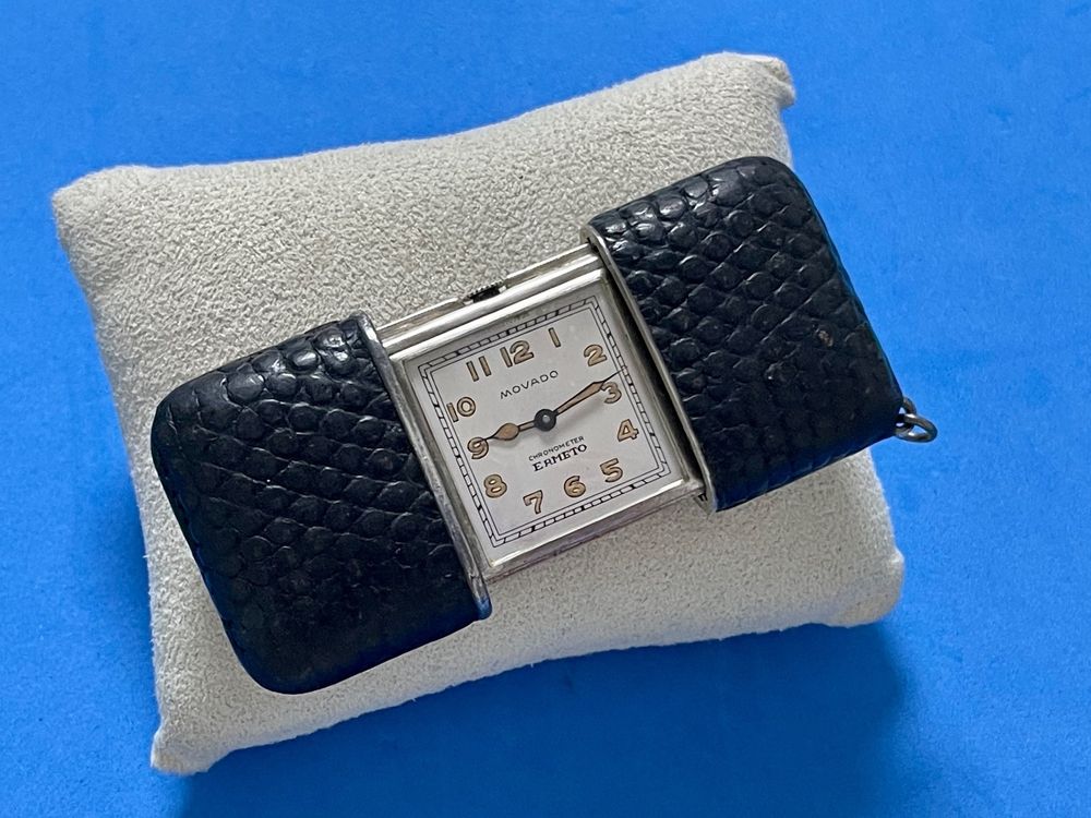 Montre De Poche Movado Ermeto Non Stop Circa 1927 - Argent 925 Et Laque Noire