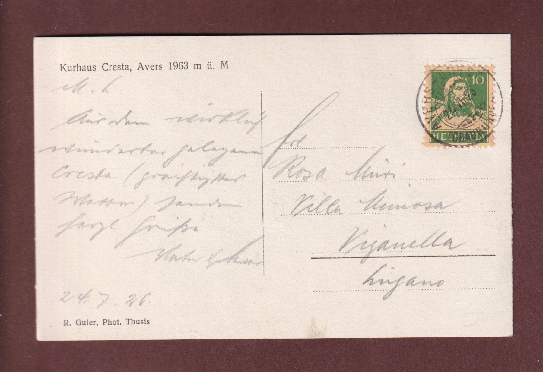 Cartoline postali: AVERS - Kurhaus Cresta - 1926 – Usato da Pully venduto da nicecards-shop 1