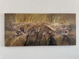 Bild Leopard Savanne Öl auf Leinwand 150x55cm Top Zustand🐆