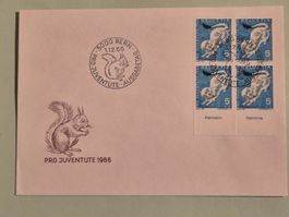 1.Tagesbrief ProJuventute mit 4er Block 1.12.1966 gestempelt
