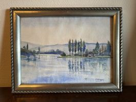 Stimmungsvolles Aquarell, Ansicht Seeufer, signiert gerahmt
