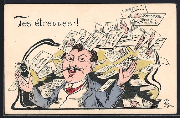 Cartoline postali: Lachender Mann umgeben von Postkarten, T – Usato da Berlin venduto da bartko-reher