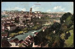AK Fribourg, Panorama de la ville, la rivière et la cathédra
