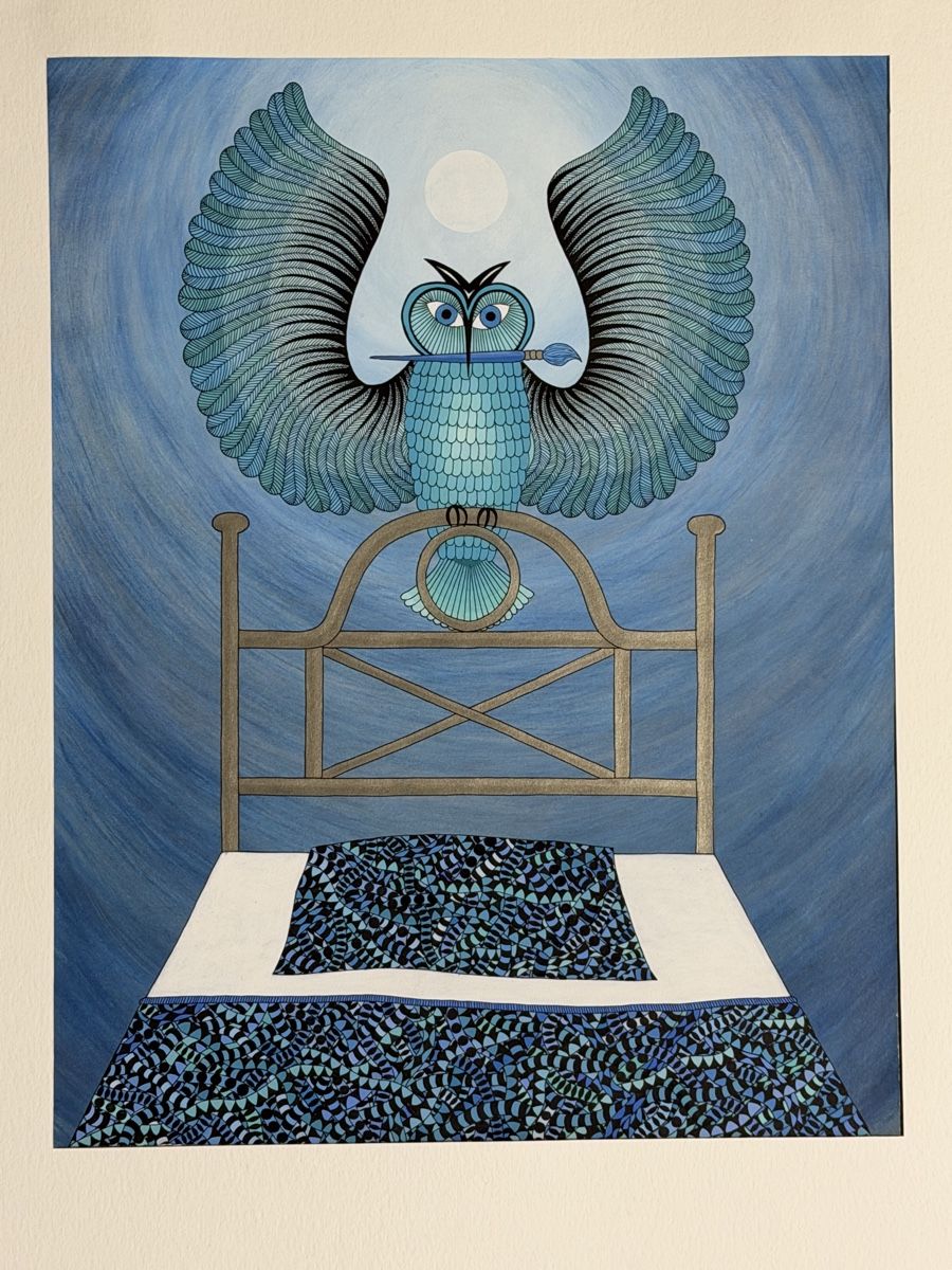Poster & Bilder: Kunstwerk: Handgemaltes Bild mit Eule & Bett, blau. – Gebraucht aus Gunten von starfish3 2