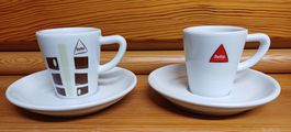 Delta Kaffee Tassen,  Espresso Tassen, 9 rote und 6 braune.