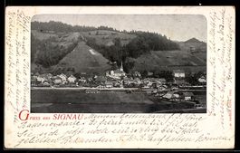 AK Signau, Ortsansicht mit Häusern, Feldern und Waldhang