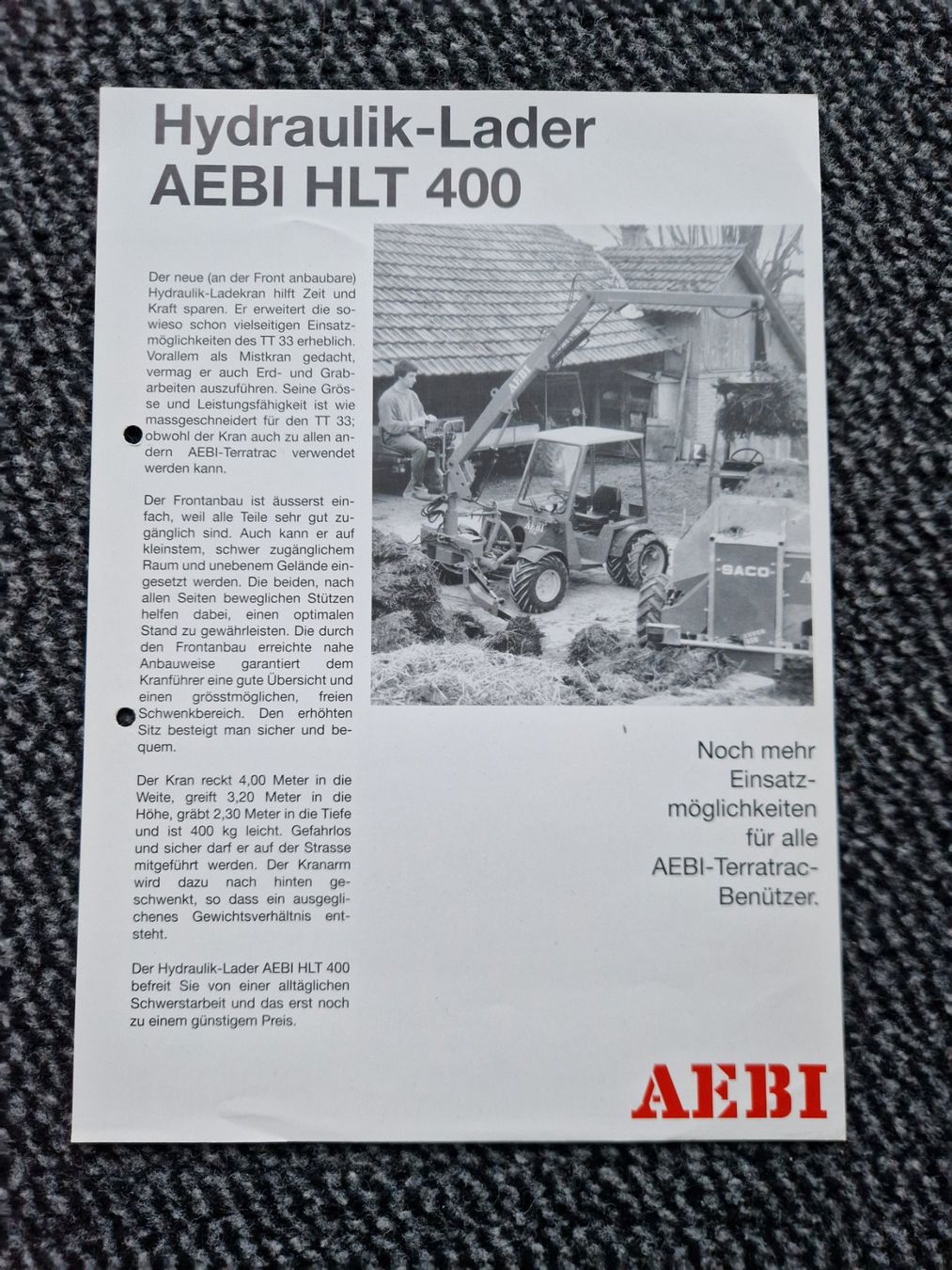 Aebi Trattori: Original Prospekt Aebi Hydraulik-Lader HLT400 Traktor – Usato da Dürnten venduto da Bachtel84
