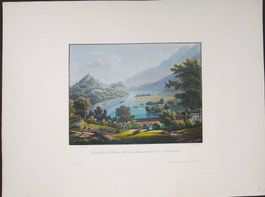 Aareausfluss Interlaken  altkolorierte Aquatinta von Straub