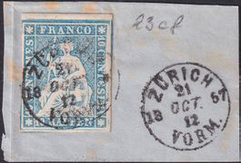 23C auf schönem Briefstück von ZÜRICH: 21.OKT:1857, sauber-O
