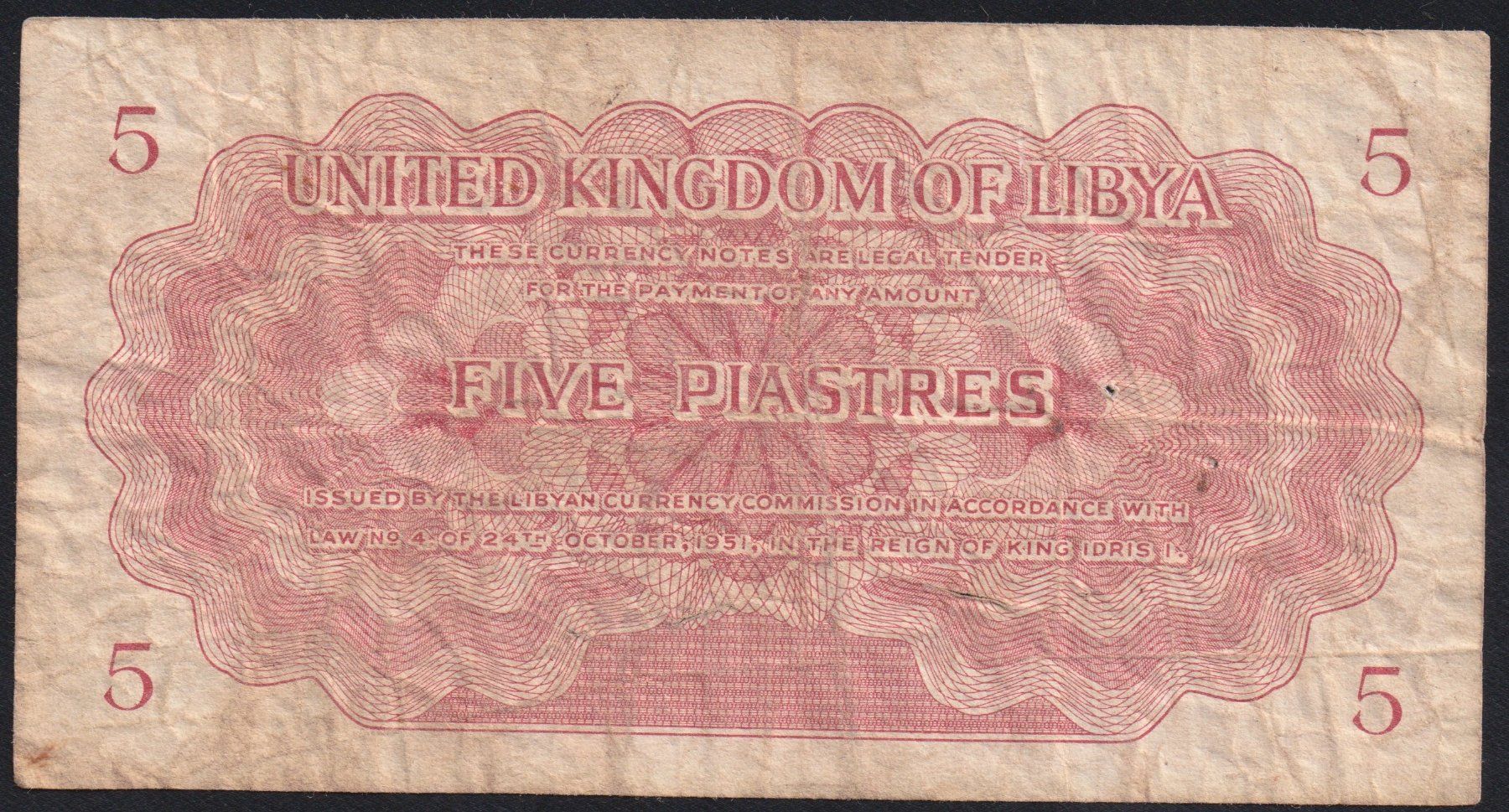 Banconote: Libyen 5 Piastres 1951 – Usato da Brugg AG venduto da banknoten_muesli 1