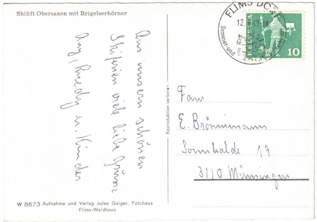 Cartoline postali: Obersaxen - Skilift – Usato da Binningen venduto da Mountainrider 1
