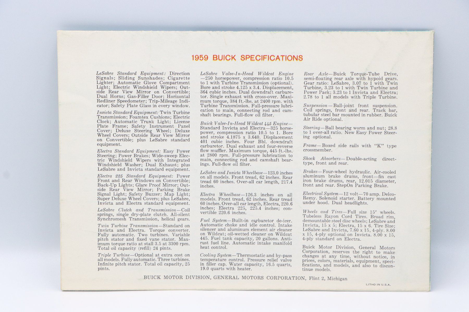Buick Dokumente: Buick Modellprogramm 1959 Prospekt – Gebraucht aus Bühl b.Aarberg von Collectorpassions 1