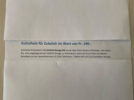 Gutschein, Kehlhof Garage AG, für Zubehör, Wert 190.-