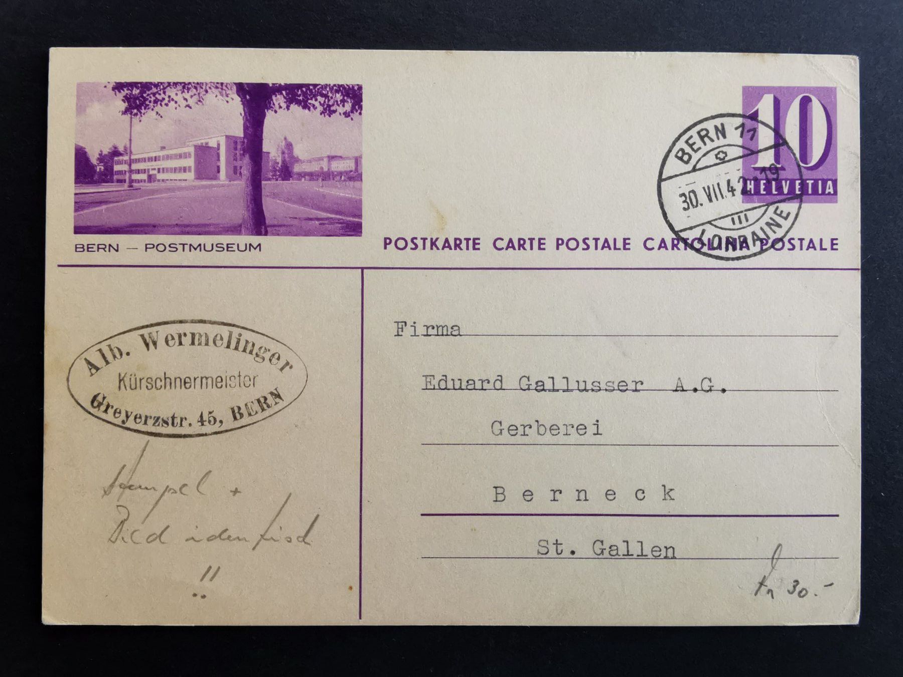 Ansichtskarten: Bildpostkarte  Bern  Postmuseum  BSU  1942 – Gebraucht aus Rheineck von kat_7gld