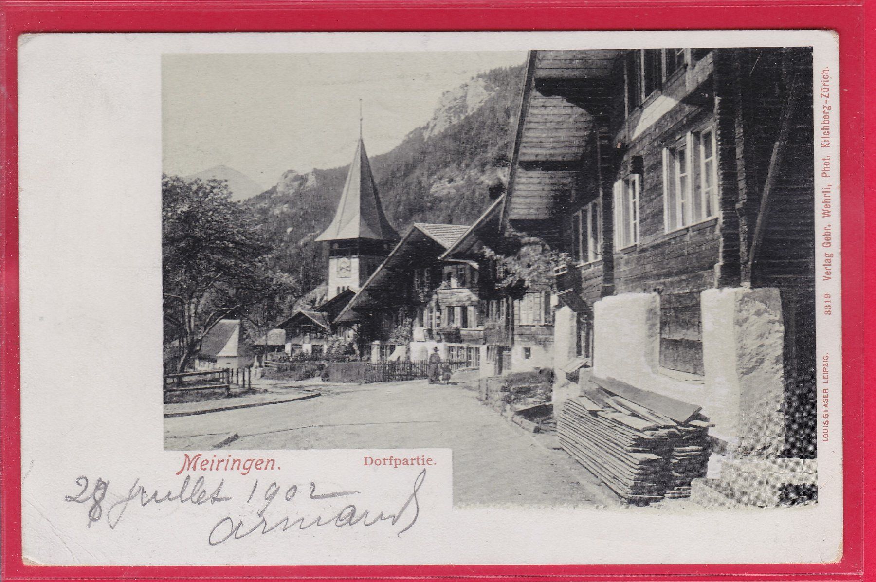 Ansichtskarten: MEIRINGEN, DORFPARTIE, 28.7.1902 – Gebraucht aus Oberrieden von Gebirgsstelze