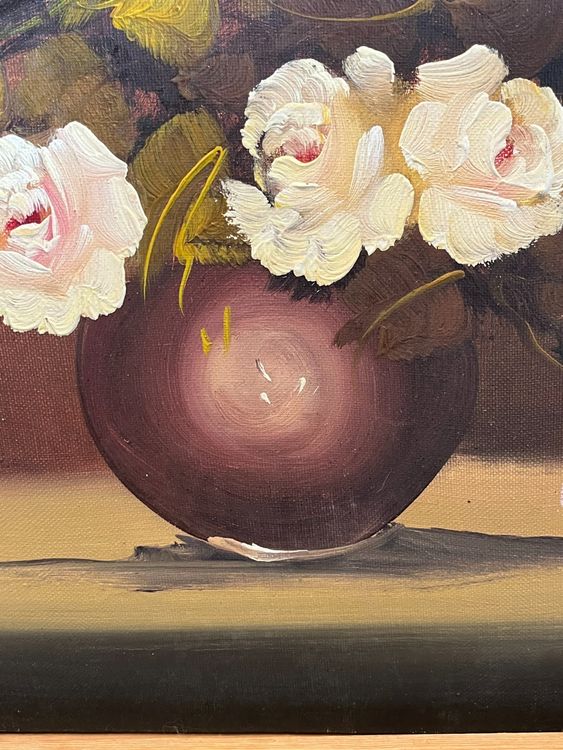 Gemälde: Blumenölgemälde, Rosen in Vase, Vintage Wandkunst – Gebraucht aus Basel von Kaffee_und_Kunst 4