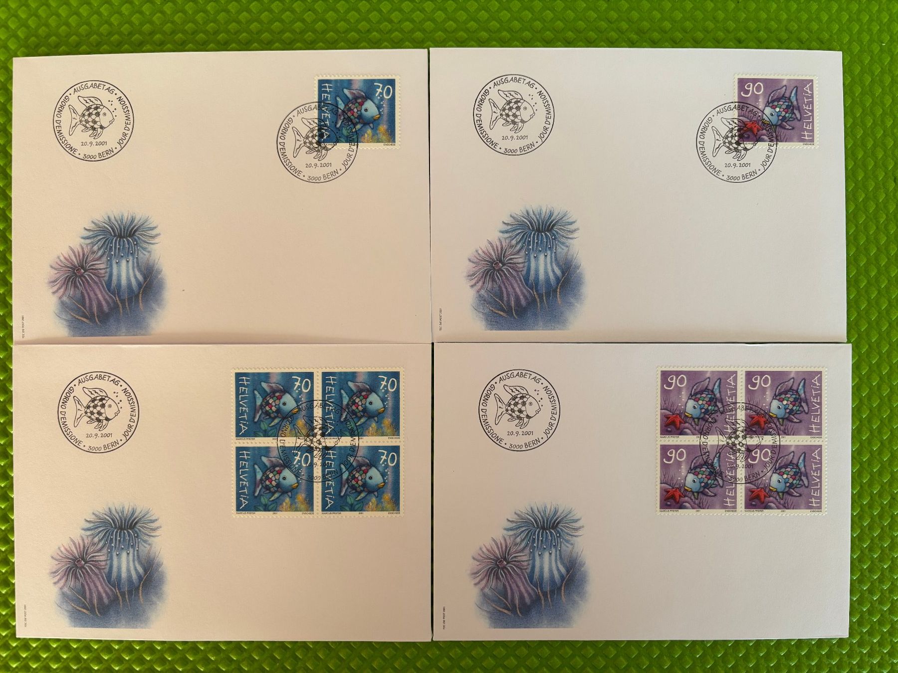 Alle Briefmarken: 4 FDC, Einzelmarken und Viererblöcke, Regenbogenfisch 2001 – Neu (gemäss Beschreibung) aus Zürich von 1BJM5