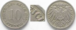 KAISERREICH 10 Pfennig 1905 G - Krüppelprägung REJCH - J.13