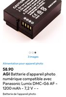 Batterie appareil photo Panasonic Lumix DMC-G6AF 1200mAh 7.2