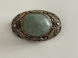 Art Deco Broche ancienne jade et argent filigrané