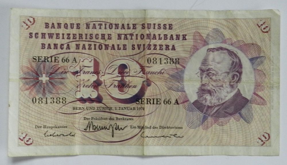Schweizer 10 Franken Note, Serie 66A, Jahr 1970 (Gebraucht) in Zürich ...