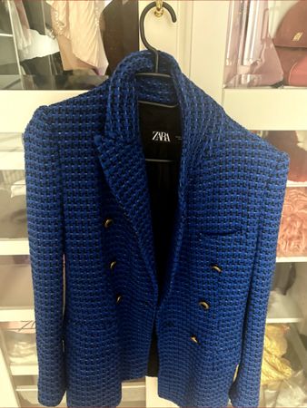 ZARA Bouclé-Blazer / Tweed-Jacke in Royalblau