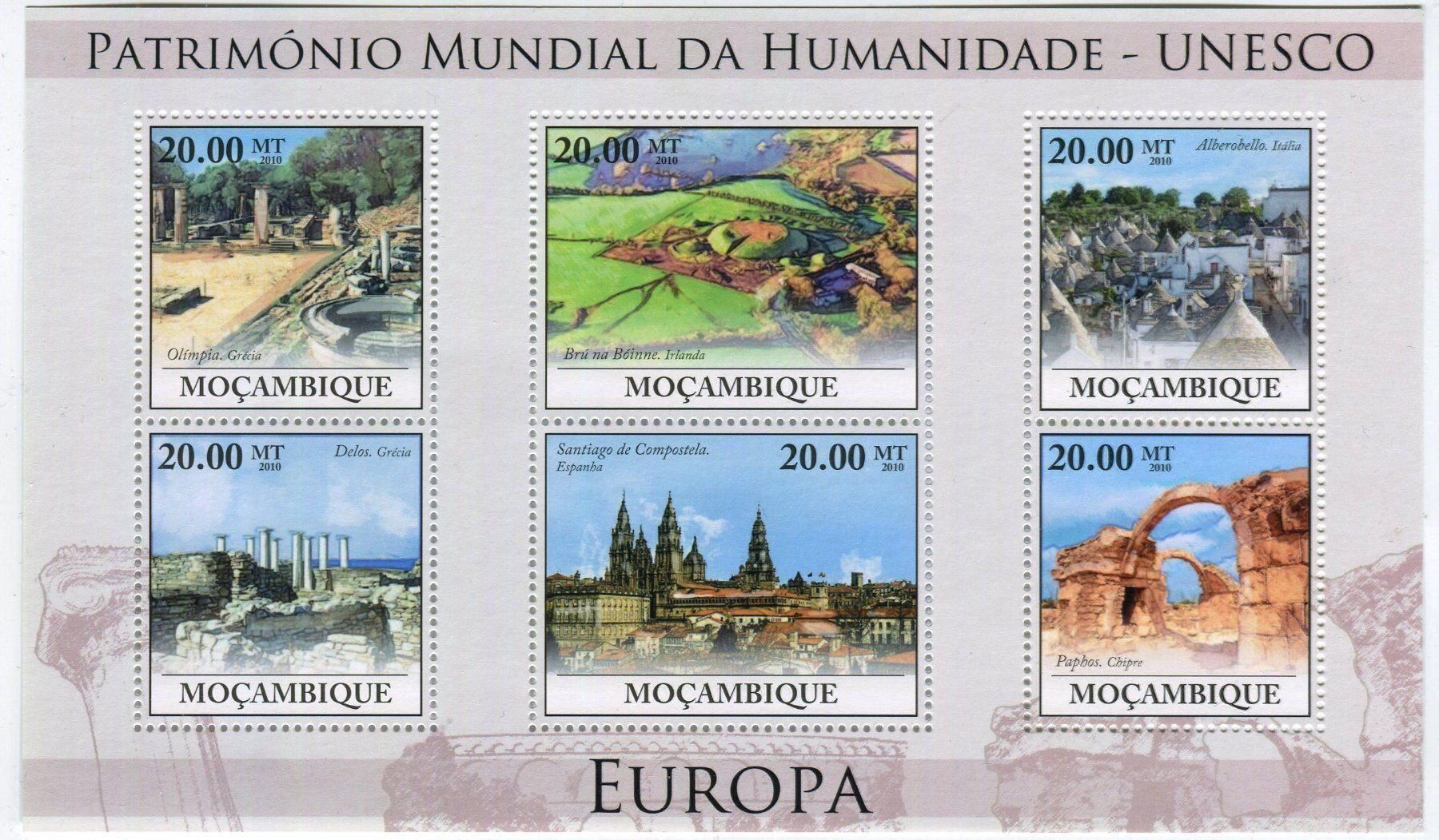 Tutti i francobolli: Block "Alberobello, Delphi, Olympia". Mosambik. – Nuovo e nell'imballaggio originale da Basel venduto da Butsch5