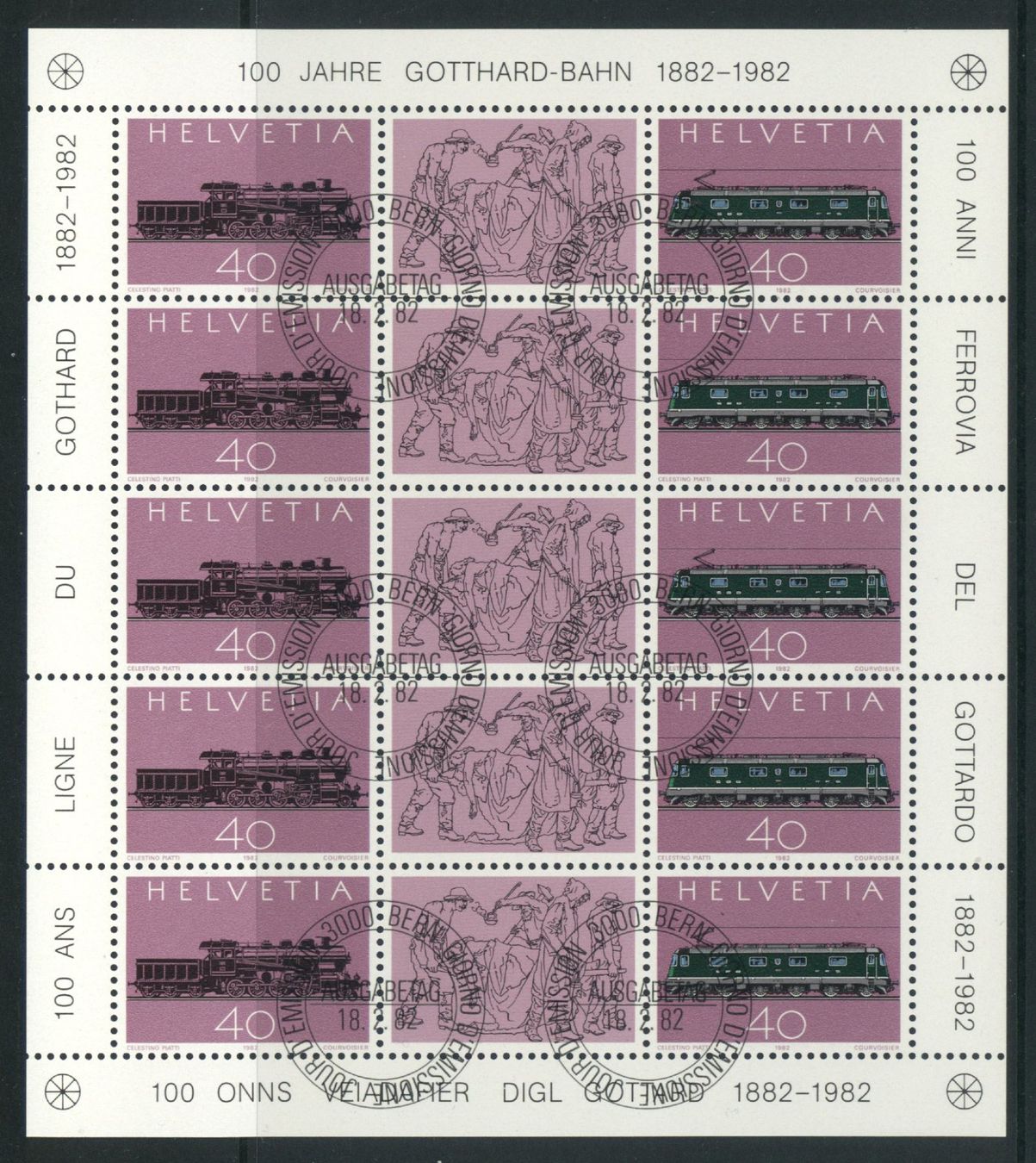 Tutti i francobolli: 1982, 100 Jahre Gotthard-Bahn, Kleinbogen, ET – Nuovo (secondo la descrizione) da Willisau venduto da Vollstempel
