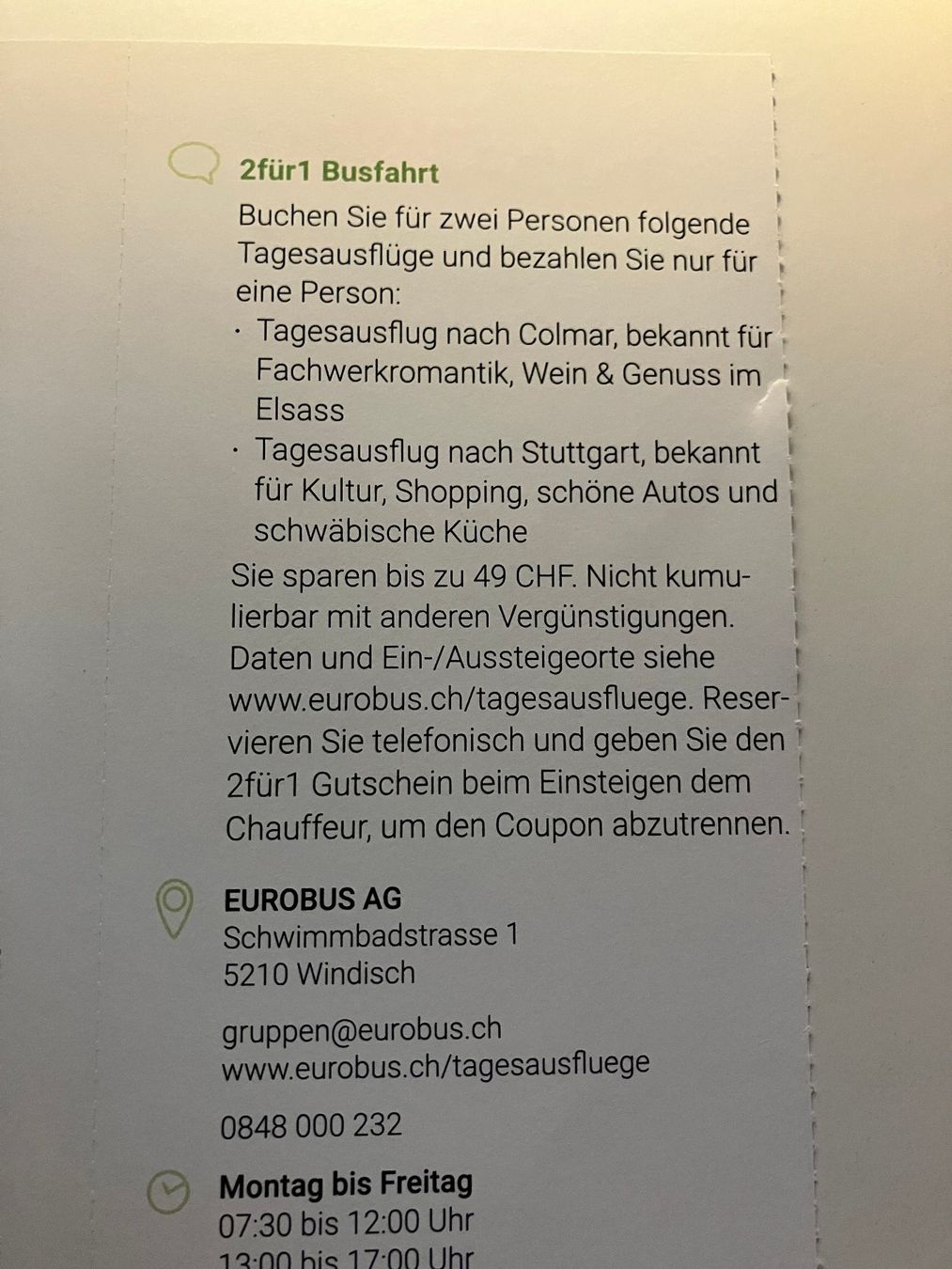 Buoni: Eurobus AG 2FÜR1 Busfahrt nach Colmar oder Stuttgart – Nuovo (secondo la descrizione) da Würenlos venduto da sol_522j 1