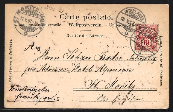 Cartoline postali: AK Interlaken, Heidenhäuser, 1907 – Usato da Berlin venduto da bartko-reher 1