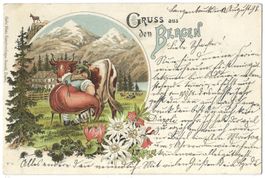 GRUSS  aus  den  BERGEN  -  Bäuerin in Tracht melkt Kuh