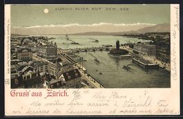 Lithographie Zürich, Blick auf den See