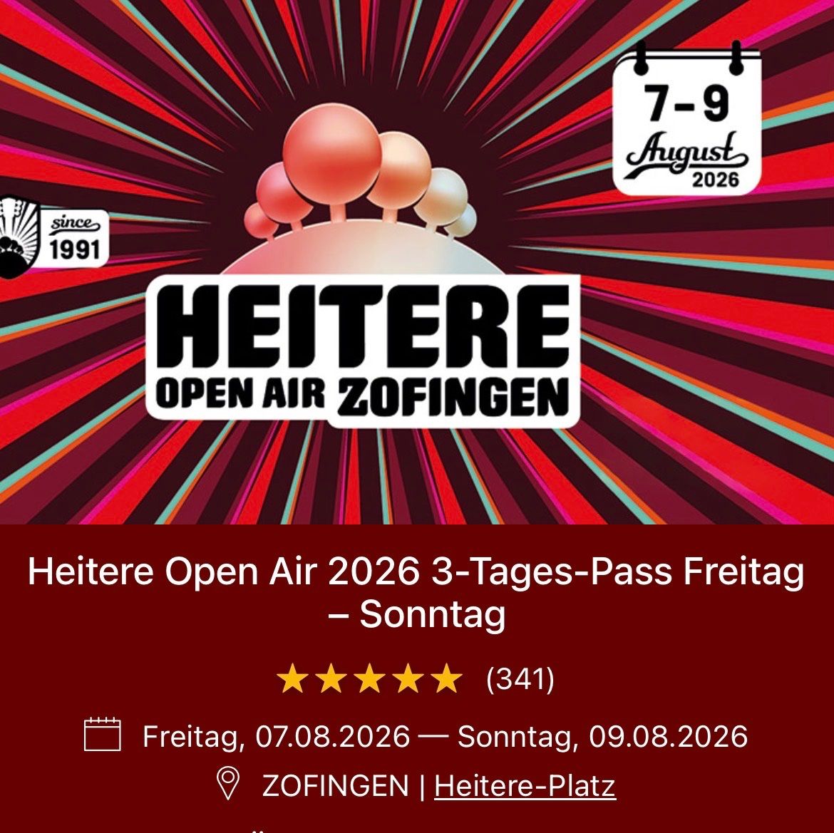 Billets: 2x 3 Tagespass Heitere Openair – Neuf avec emballage d'origine à Arbon par FabienneN02