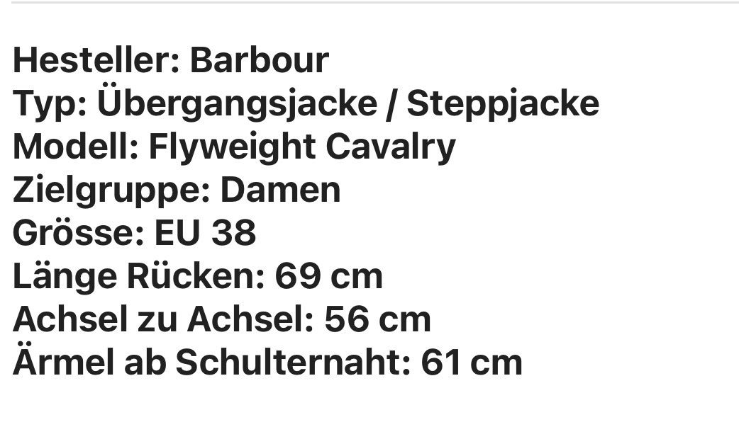 Barbour Jacken: Barbour Steppjacke Damen, Flyweight Cavalry, Gr. 38 – Gebraucht aus St. Gallen von jojan 2