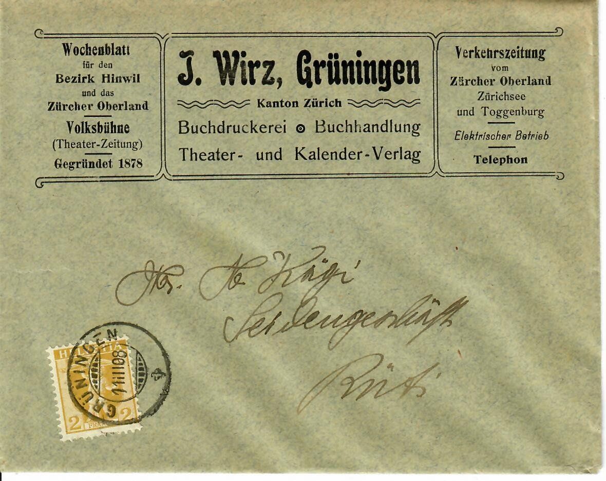 Tutti i francobolli: Brief, J. Wirz Grüningen 1908 – Usato da Hochdorf venduto da Ziegel-16