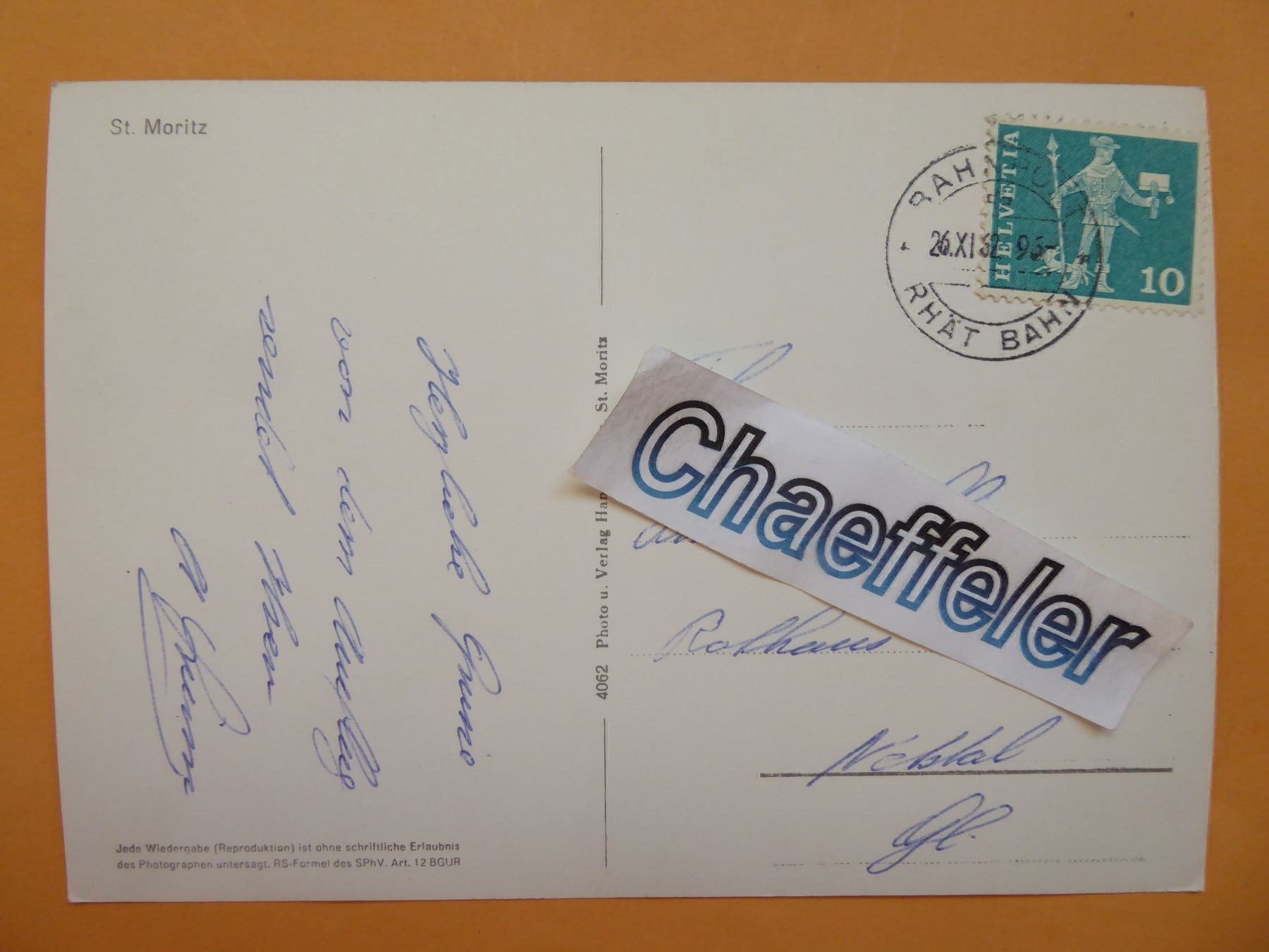 Cartoline postali: 1962 St. Moritz – Usato da Zürich venduto da Chaeffeler 1