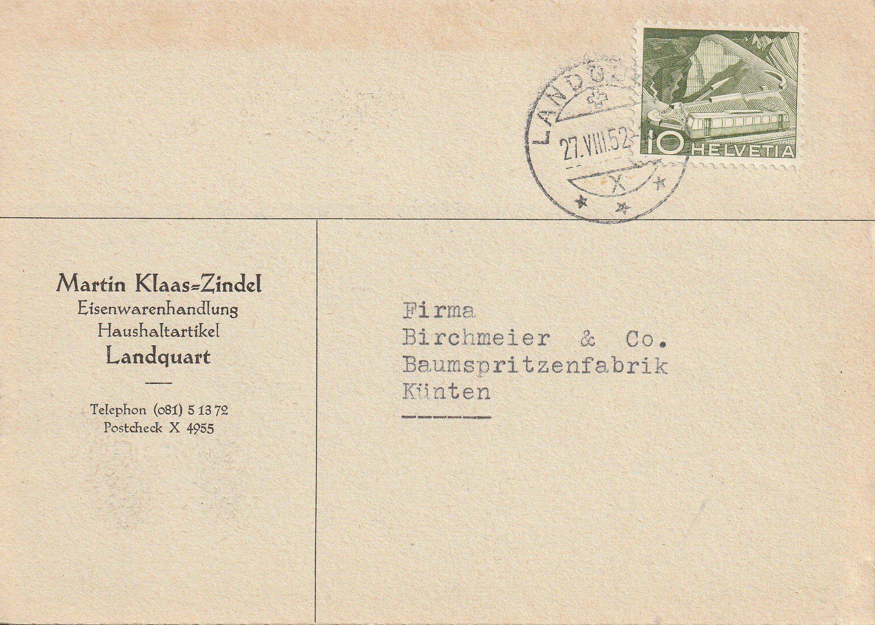 Cartoline postali: Landquart- Postkarte- Eisenwarenhandlung 1952 – Usato da uttwil venduto da Koehlerfred