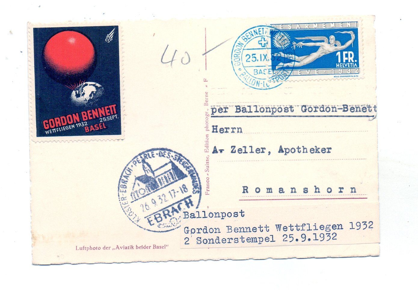 Ansichtskarten: Ballon über Basel 1932 - Gordon Bennett - Ballonpost – Gebraucht aus Tagelswangen von Miski 1