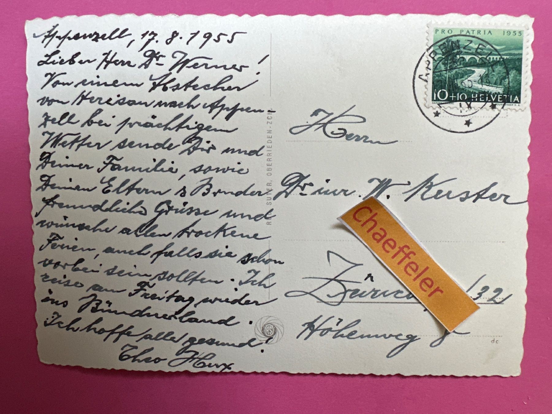 Ansichtskarten: 1955 8540 Appenzell mit Alpstein – Gebraucht aus Zürich von Chaeffeler 1
