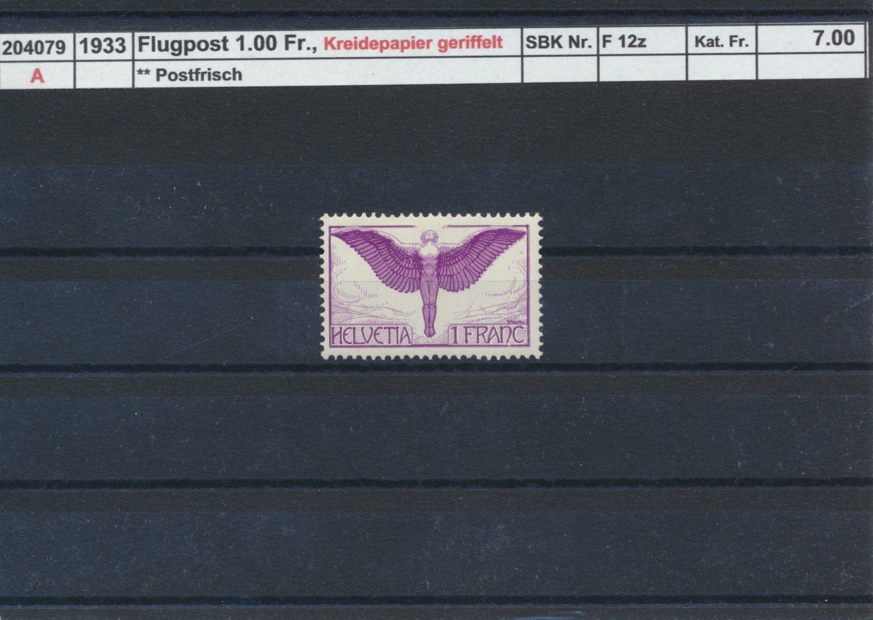 Tutti i francobolli: 1933 Flugpost - 1.00 Fr., Kreidepapier geriffelt, ** – Nuovo (secondo la descrizione) da Winterthur venduto da Zupogeru