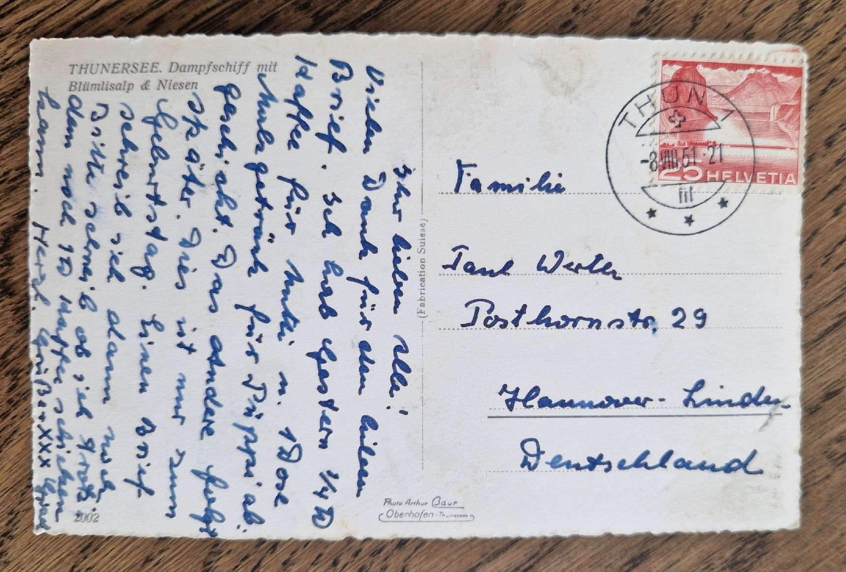 Ansichtskarten: Dampfschiff Thunersee 1951, n. Hannover – Gebraucht aus Ebikon von Donar50 2