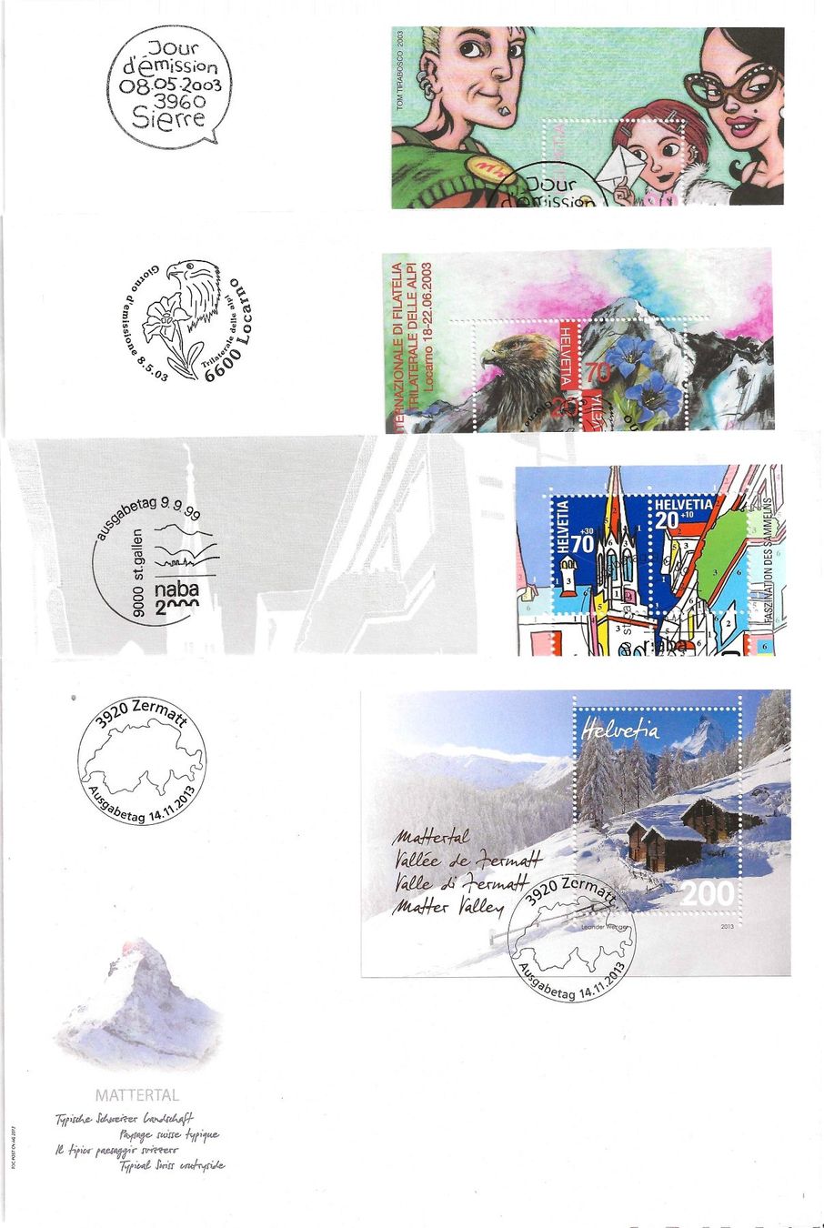 Alle Briefmarken: 4 FDC Blocks  (Schweiz) – Gebraucht aus Zürich von Philacat11