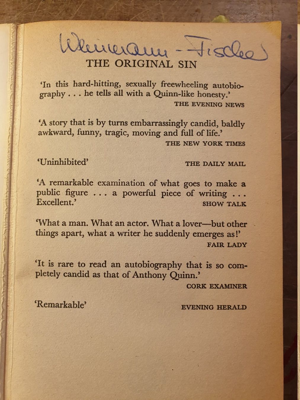Libri: The Original Sin - Anthony Quinn – Usato da Zürich venduto da loosebone 1