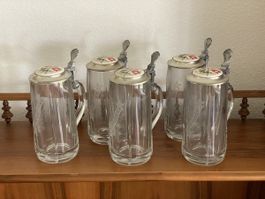 5 Bierkrüge Glas mit Zinndeckel